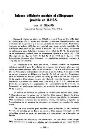 193-195, Enfance déficiente mentale et délinquance juvénile en U.R.S.S., par H. Grand