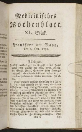 XL. Stück. Frankfurt am Mayn, den 6. Oct. 1781. - XLIII. Stück. Frankfurt am Mayn, den 27. Oct. 1781.