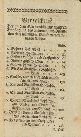 Verzeichniß Der in dem Briefwechsel zur wahren Empfindung des Schönen und Nützlichen einer moralischen Schrift vorgekommenen Bücher.