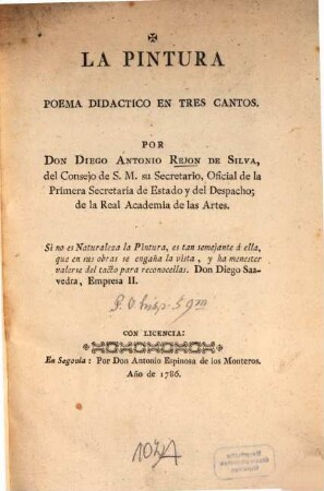 La Pintura : Poema Didactico En Tres Cantos
