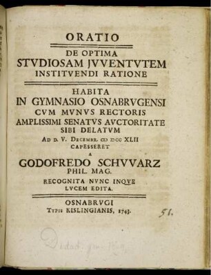 Oratio De Optima Studiosam Juventutem Instituendi Ratione