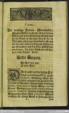 Leichenpredigt : Die Uberwindung sein selbst im Creutz. Votum, Erster Eingang, Leichen-Text, Anderer Eingang, Abhandelung, Gebrauch