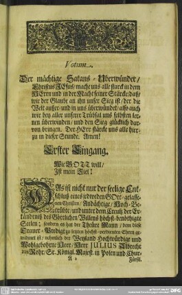 Leichenpredigt : Die Uberwindung sein selbst im Creutz. Votum, Erster Eingang, Leichen-Text, Anderer Eingang, Abhandelung, Gebrauch