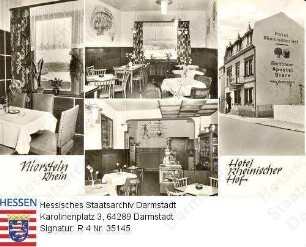 Nierstein am Rhein, Hotel Rheinischer Hof (Inhaber: Willi Hellmich) / 1 Außen- und 3 Innenaufnahmen