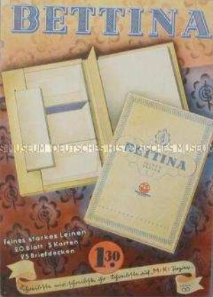 Werbeaufsteller "Schreib mir, schreib ihr, schreibt auf M.-K.-Papier Bettina Leinenpapier"