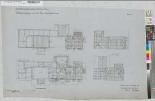 Empfangsgebäude auf dem Bahnhofe Rotthausen, Blatt 1: Grundrisse Kellergeschoß und Obergeschoß, Sparrenlage, M. 1:100 Hge, Sknr.: 1, Fanr.: 15, Bunr.: 2