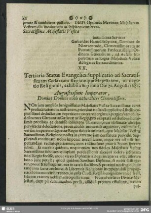 XX. Tertiaria Status Evangelici Supplicatio ad Sacratissimam Caesaream Maiestatem 20. Aug. 1681