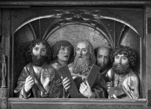 Predella im geöffneten Zustand — Rechte Hälfte: die Apostel Judas Thaddäus, Simon, Andreas, Jakobus minor und Bartholomäus