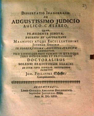 Dissertatio inauguralis de augustissimo iudicio aulico-caesareo