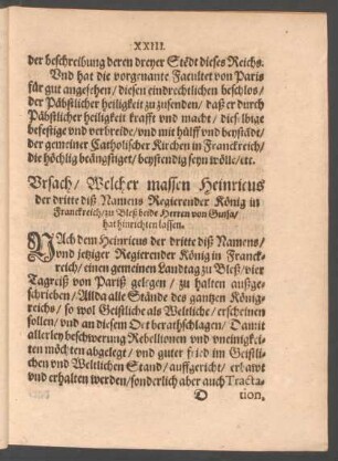 Ursach/ Welcher massen Heinricus der dritte diß Namens Regierender König in Franckreich/ zu Bleß beide Herren von Guisa/ hat hinrichten lassen.