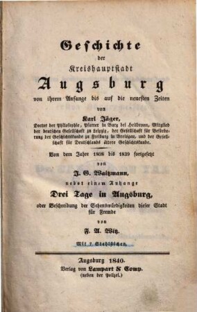 Geschichte der Kreishauptstadt Augsburg : von ihrem Anfange bis auf die neuesten Zeiten