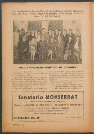 En un copetín por la Cía. Guzman - Thorry a los actores Peruanos en el hotel Bolívar. En el centro entre Gloria y Amalia Bernabe el presidente de la Sociedad Peruana de Actores Sr. José Luis Romero. : De la sociedad peruana de actores