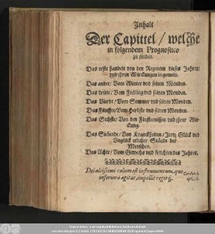 Inhalt Der Capitel/ welche in Prognostico zu finden.