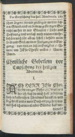 Christliche Gebetlein vor Empfahung des heiligen Abendmals.