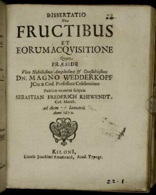 Dissertatio De Fructibus Et Eorum Acquisitione
