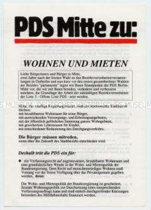 Flugschrift der PDS Berlin-Mitte zu Wohnungen und Mieten