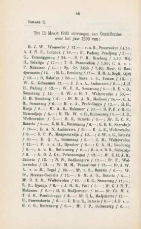 Bijlage C. Tot 15 Maart 1900 ontvangen aan contributies over het jaar 1899 van: