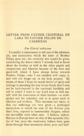 Letter from Father Cristobal de Lara to Father Felipe de Cardenas