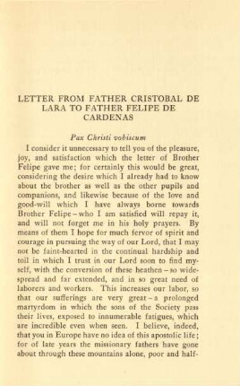 Letter from Father Cristobal de Lara to Father Felipe de Cardenas