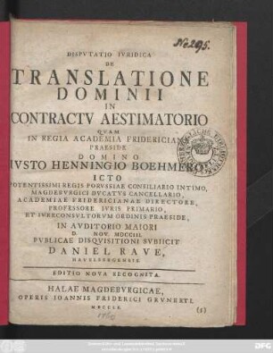 Dispvtatio Ivridica De Translatione Dominii In Contractv Aestimatorio