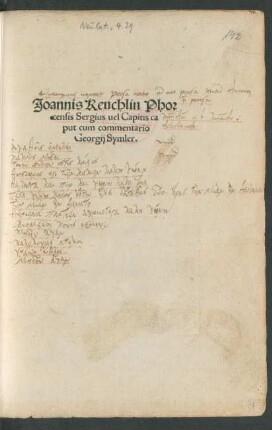 Joannis Reuchlin Phor||censis Sergius uel Capitis ca||put cum commentario || Georgij Symler.||