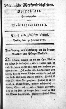 Elftes und zwölftes Stück, Berlin, den 14. Februar 1789