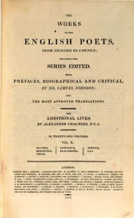The works of the English poets, from Chaucer to Cowper : in 21 volumes, 10. Hughes, Sheffield, Prior, Congreve, Blackmore, Fenton, Gay