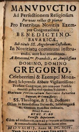 Manvdvctio Ad Perfectionem Religiosam Per vias rectas & planas