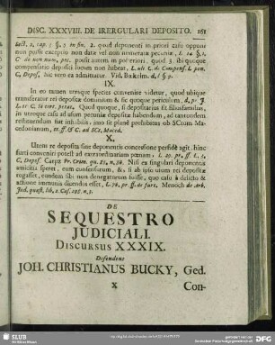 De Sequestro Iudiciali, Discursus XXXIX. Defendens Joh. Christianus Bucky, Ged.