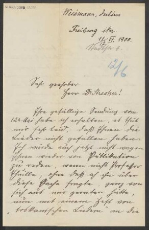 Brief an Ludwig Strecker an B. Schott's Söhne : 11.06.1900