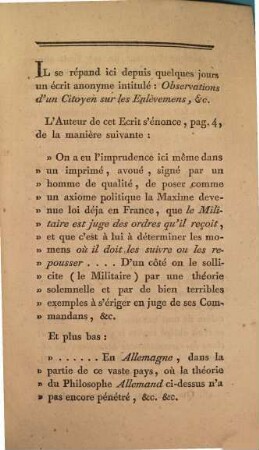 Déclaration Du Comte De Windisch-Graetz, A l'occasion d'une citation insérée dans un Ecrit anonyme intitulé: Observations d'un citoyen sur les Enlèvemens qui ont eu lieu à Bruxelles le 17 juillet 1789
