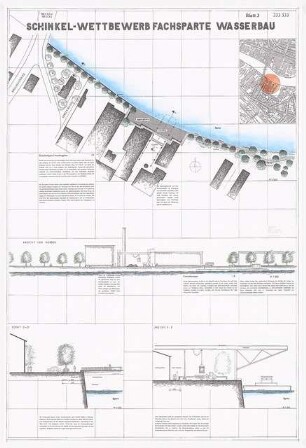 Fernwanderweg und Fahrradweg von Berlin-Köpenick nach Berlin-Treptow Schinkelwettbewerb 1994: Übersichtsplan, Lageplan 1:500, Schnitte 1:200, 1:100, Text