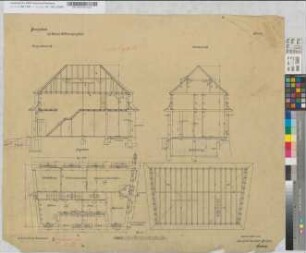 Dienstgebäude auf Bahnhof Mülheim-Eppinghofen, Blatt 58: Grundriß Erdgeschoß, Schnitte, Kehlbalkenlage, M. 1:50 Hgv, Sknr.: 2, Fanr.: 4, Bunr.: 1