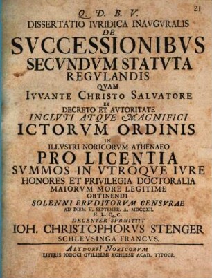 Dissertatio Ivridica Inavgvralis De Svccessionibvs Secvndvm Statvta Regvlandis