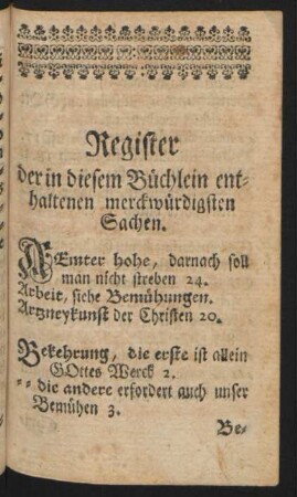 Register der in diesem Büchlein enthaltenen merckwürdigsten Sachen.