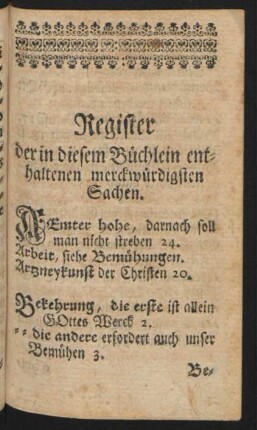 Register der in diesem Büchlein enthaltenen merckwürdigsten Sachen.