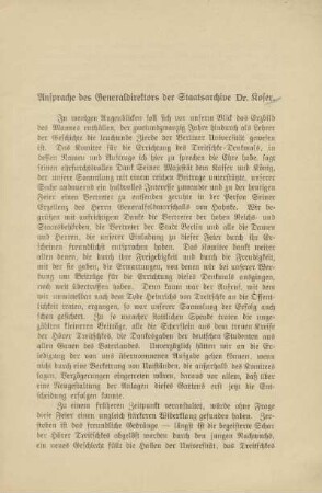 Ansprache des Generaldirektors der Staatsarchive Dr. Koser