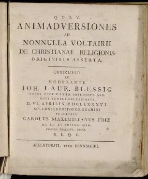 Animadversiones Ad Nonnulla Voltairii De Christianae Religionis Originibus Asserta