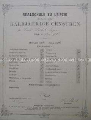 Halbjahreszeugnis der Realschule zu Leipzig, Klasse IV c, für Walter Degen; Leipzig, Sept. (Michaelis) 1875