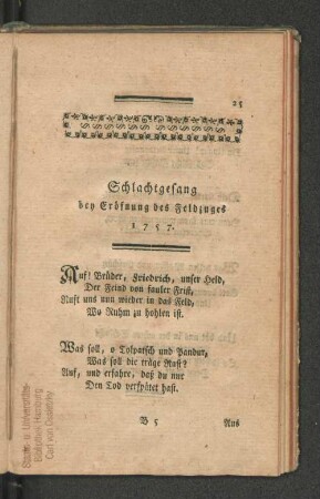 Schlachtgesang bey Eröffnung des Feldzuges 1757.