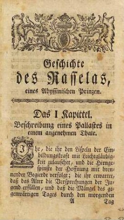 Der Prinz von Abyssinien : eine Geschichte in zwey Theilen ; nach der dritten Auflage aus dem Englischen übersetzt, 1