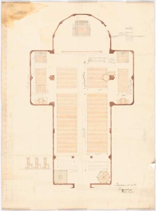 Erweiterung der St. Joseph und Medardus-Kirche, Lüdenscheid: Grundriss der Kirche und Detail der Kirchenbänke (gezeichnet von Güldenpfennig)