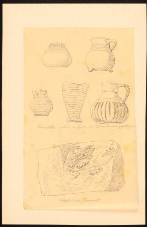 Tongefäße vom Grund einer Zisterne und Fragment Steinornament: Perspektivische Ansichten von fünf Gefäßen mit z.T. Henkel und Tülle und eines Steines mit Rankenornament