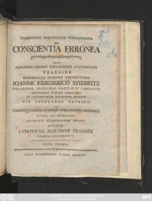 Dissertatio Inavgvralis Philosophica De Conscientia Erronea : Pars Prima
