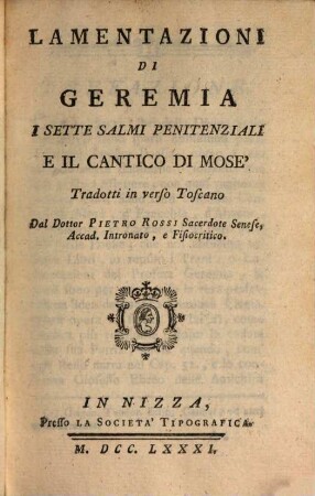 Lamentazioni di Geremia i sette salmi penitenziali e il cantico di Mosè