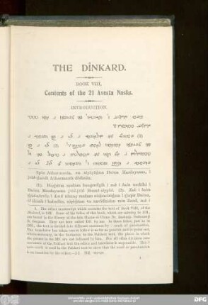 The Dînkard. Book VIII, Contents of the 21 Avesta Nasks.