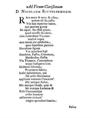 Ad Virum Clarißimum D. Nicolaum Rittershusium.