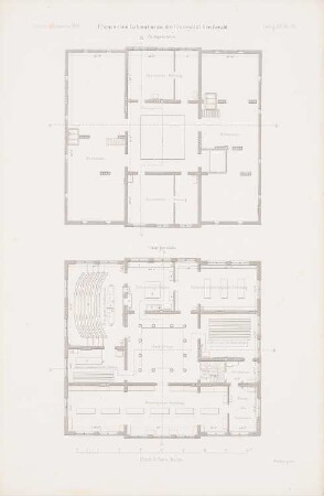 Universität Greifswald Chemisches Institut: Grundriss 1.OG, Dach (aus: Atlas zur Zeitschrift für Bauwesen, hrsg. v. G. Erbkam, Jg. 14, 1864)