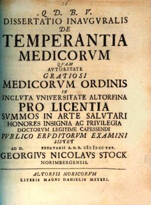 Dissertatio inauguralis de temperantia medicorum
