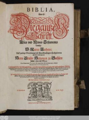 Biblia, Das ist/ Die gantze H. Schrifft, Altes und Newes Testaments Teutsch/ D. Martin Luthers: : Auff gnädige Verordnung deß ... Fürsten und Herrn/ Herrn Ernsts/ Hertzogen zu Sachsen/ Jülich/ Cleve und Berg ... Von etlichen reinen Theologen, dem eigentlichen Wortverstand nach/ erkläret/ Wie hievon weiter in der Vorrede gehandelt wird. Darbey auch über die sonst gewönliche/ jetzt aber von newem corrigirte und wol verbesserte Biblische Register unter andern zu finden ein Bericht von Vergleichung der Jüdischen und Biblischen Monden/ Maß/ Gewicht und Müntz/ mit den Unserigen: Sowol auch eine Beschreibung der Stadt Jerusalem/ sambt unterschiedlichen Landtafeln und andern schönen Kupfferfiguren und derselben Beschreibung ... ; Ist auch zu End neben den Christlichen Haubt-Symbolis mit beygedruckt worden ein kurtzer und schöner Bericht von der Augspurgischen Confession/ sambt den Artickeln der Confession selbsten ...